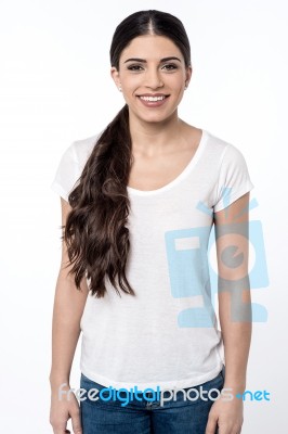 Smiling Woman Posing Over White Stock Photo