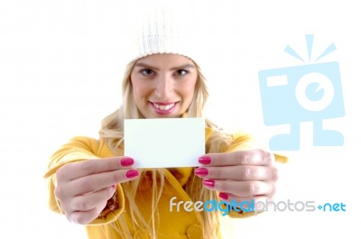 Smiling Woman Showing Business Card Stock Photo