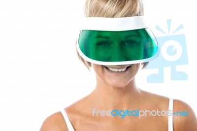 Smiling Woman Wearing Green Cap Stock Photo