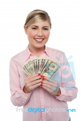 Smiling Woman With Cash Stock Photo