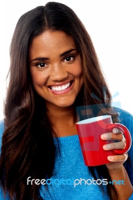 Smiling Woman With Coffee Mug Stock Photo