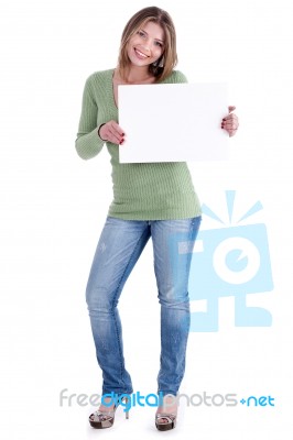 Smiling Young Beautiful Woman Holding Blank White Board Stock Photo