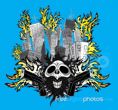 Smiling Zombie Skull Glock Guns City Buildings In Fire Stock Image