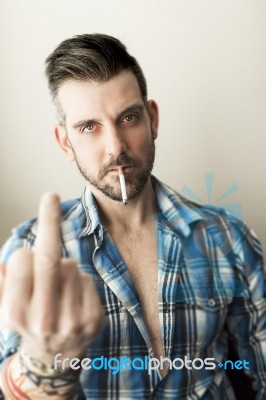 Smoking Man Middle Finger Stock Photo