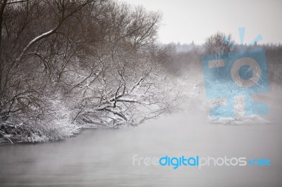 Snow And Frost On Trees Over River. Overcast Snowy Weather Stock Photo