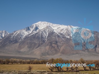 Snow Capped Mountains, Blue Sky, Desert Landscape Stock Photo