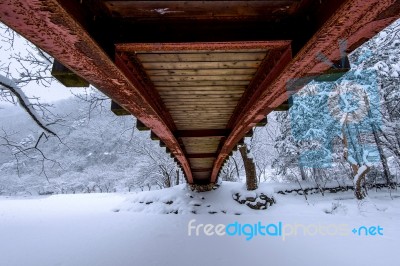 Snow Falling In Park And A Walking Bridge In Winter, Winter Landscape Stock Photo