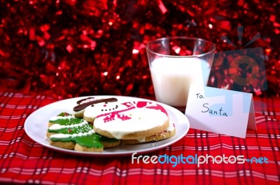 Snow Man, Ginger Bread, Cookie With Note For Santa Stock Photo