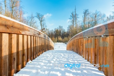 Snow On Wooden Bridge In Forest Stock Photo