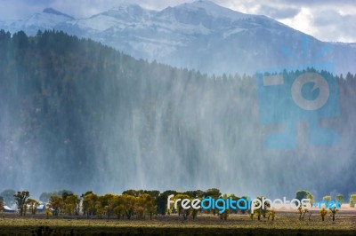 Snow Storm Sweeping In From The Grand Teton Mountain Range Stock Photo