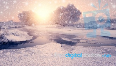 Snowfall In Winter Morning. Colorful Christmas Background Stock Photo