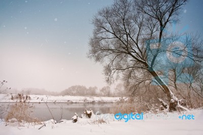 Snowfall Over The River. Winter Misty Cloudy Snowy Weather Stock Photo