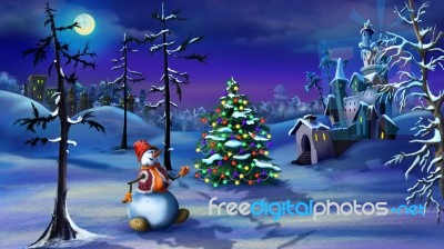 Snowman And Christmas Tree Near A Magic Castle Stock Image