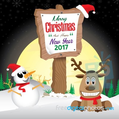 Snowman And Reindeer With Wooden Sign In Winter On Night Sky Background. Merry Christmas And Happy New Year On Wooden Sign Stock Image