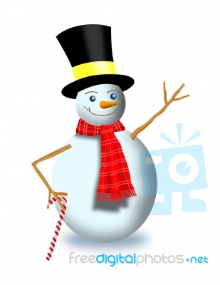 Snowman With Scarf Top Hat And Candy Cane Stock Image