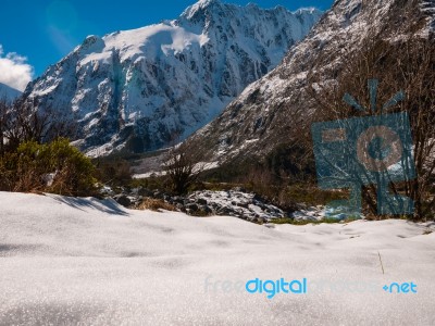 Snowy Mountains In The Wilderness  With Blue Sky Stock Photo