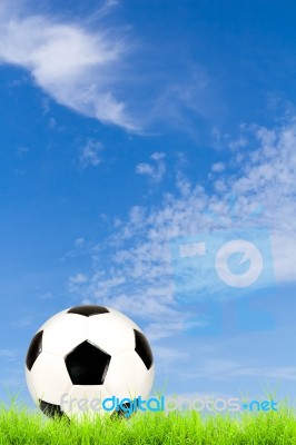 Soccer Ball On Green Grass With Blue Sky Background Stock Photo