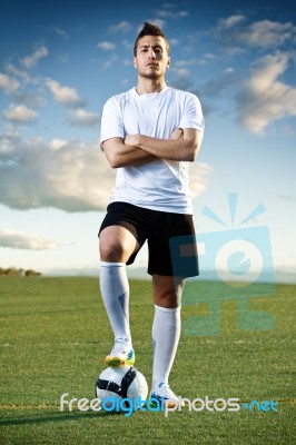 Soccer Player With Ball, Outdoors Stock Photo