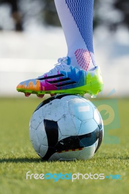 Soccer Player With Ball, Outdoors Stock Photo