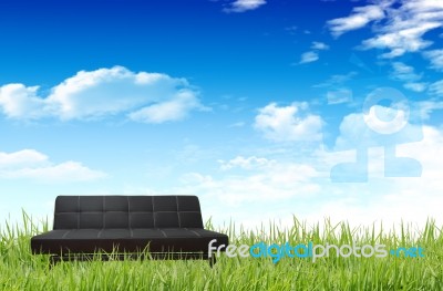 Sofa On The Grass Field   Stock Photo