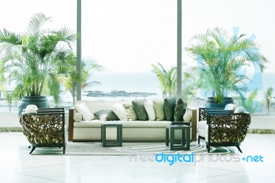 Sofa Overlooking Sea Stock Photo