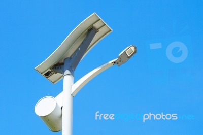 Solar Energy Light Pole Road With Blue Sky Background Stock Photo