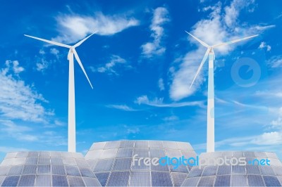 Solar Panels And Wind Turbine Stock Photo