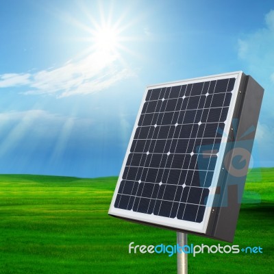 Solarcell Out Door With With Sun Shining On Blue Sky Stock Photo