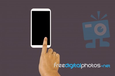 Solated Hand With Finger Press On Big Blank Screen Smartphone Stock Photo