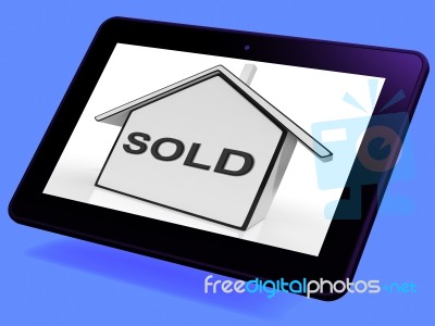 Sold House Tablet Shows Purchase Of Home Or Property Stock Image