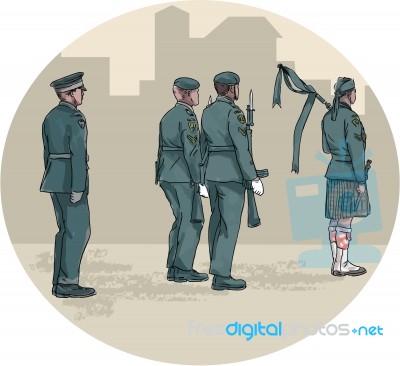 Soldier Bagpiper Marching Circle Watercolor Stock Image