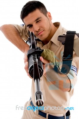 Soldier Going To Shoot With Gun Stock Photo