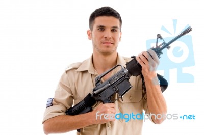 Soldier Posing With Gun Stock Photo