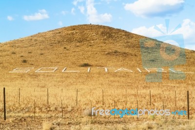 Solitaire Welcome Sign In Namibia Stock Photo