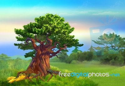 Solitary Large Oak On A Hill Stock Image