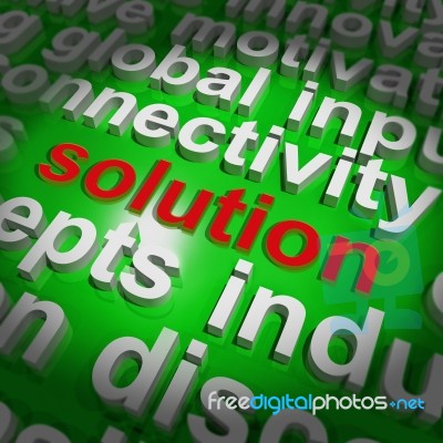 Solution Word Cloud Shows Achievement Resolution Solving And Sol… Stock Image