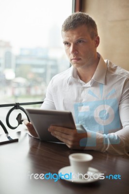 Sorious Man On Coffee Break In Restorant Stock Photo