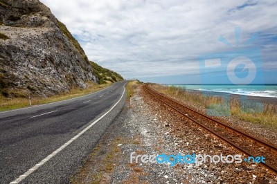 South Island, New Zealand - February 12 : Empty Road And Railway… Stock Photo