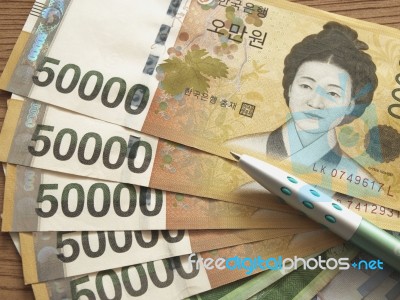 South Korea Won Currency Stock Photo