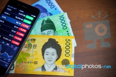 South Korean Won Currency And Finance Business. Business Concept… Stock Photo