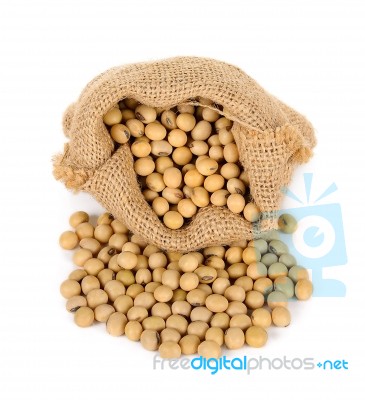 Soy Bean With Sack Isolated On White Background Stock Photo