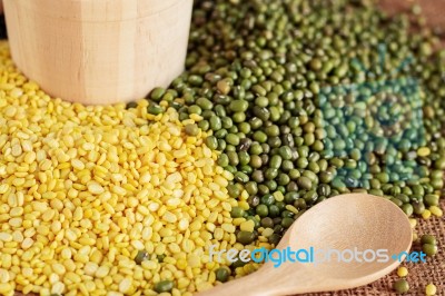 Soybeans On Sack Stock Photo