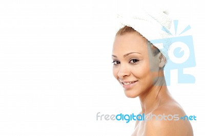 Spa Woman Wearing Towel On Head Stock Photo