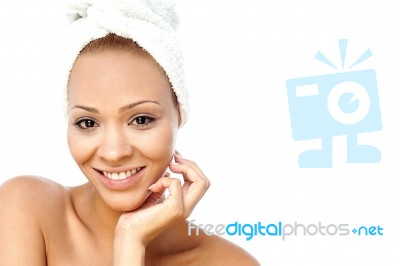 Spa Woman With Towel Wrapped On Her Head Stock Photo