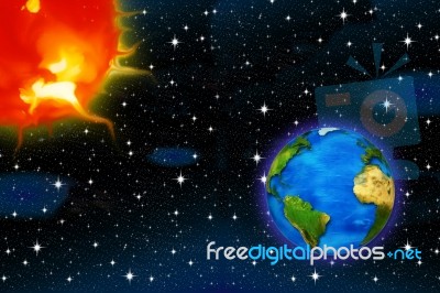 Space With Sun And Earth Stock Image