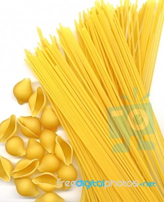 Spaghetti And Orecchiette Pasta Over White Stock Photo