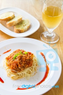 Spaghetti  And Wine Stock Photo