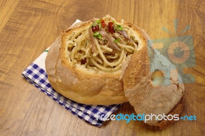 Spaghetti In Bread Stock Photo