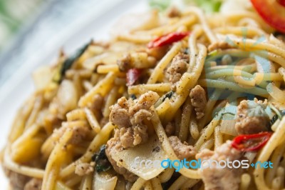 Spaghetti Pasta With Sweet Basil Stock Photo