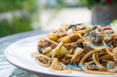 Spaghetti Pasta With Sweet Basil Stock Photo